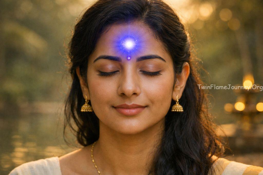 Detail-oriented image showing the Ajna chakra activation and spiritual insight.