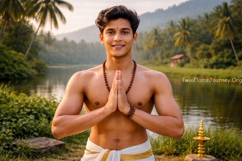 Young Kerala man balancing solar plexus chakra.