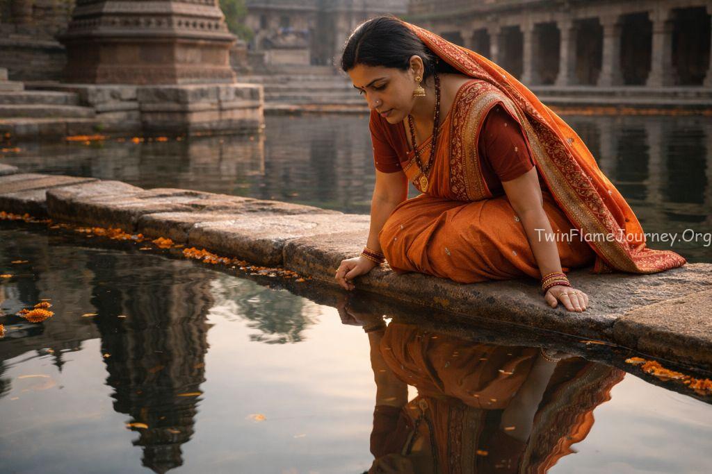 Mature Indian woman reflecting on her spiritual journey.