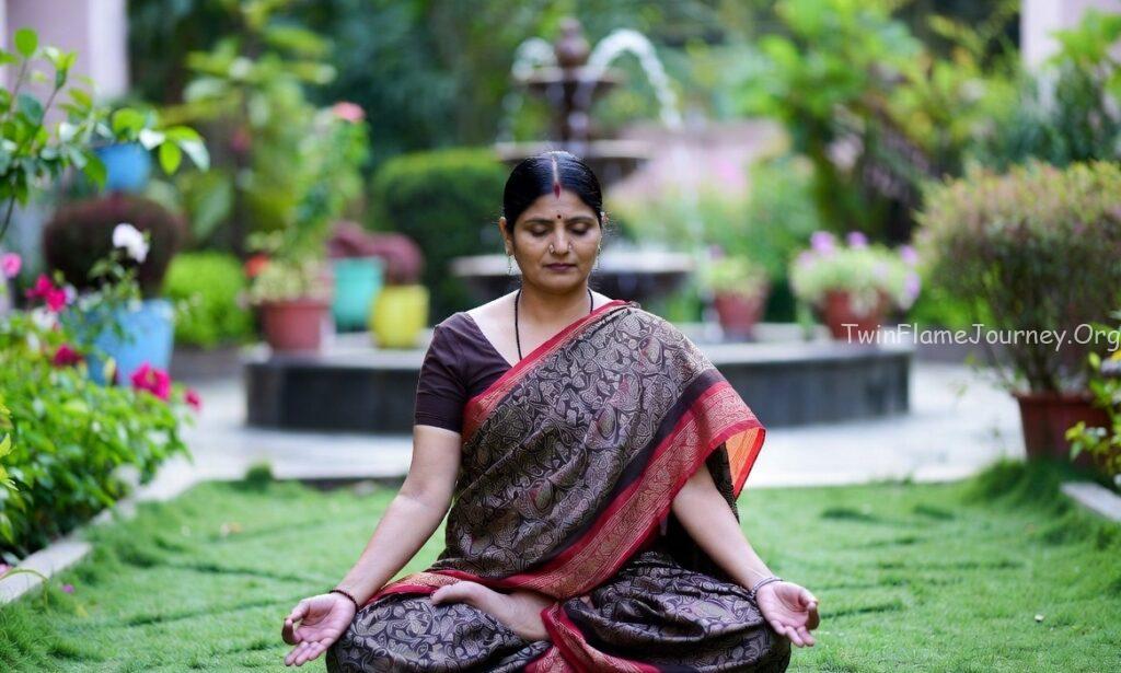 A calm spiritual setting showing an elderly woman practicing mindfulness to attract positivity