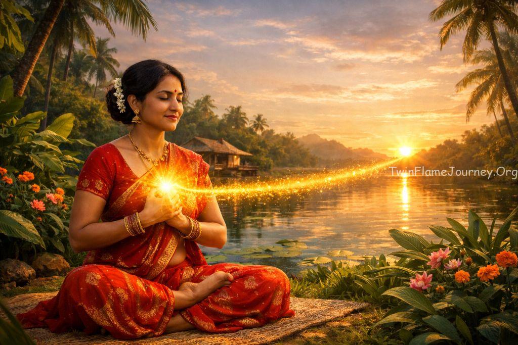 Divine Feminine performing heart chakra meditation for her Twin Flame.