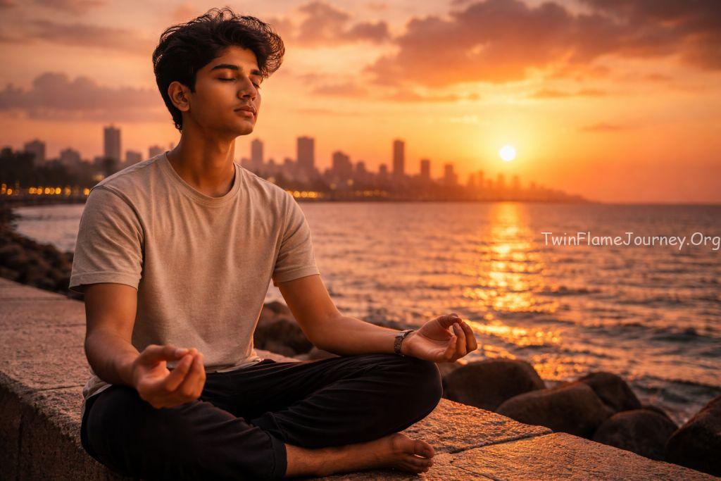 A serene visual of a young adult finding inner peace amidst the urban backdrop of Mumbai, symbolizing mental clarity.