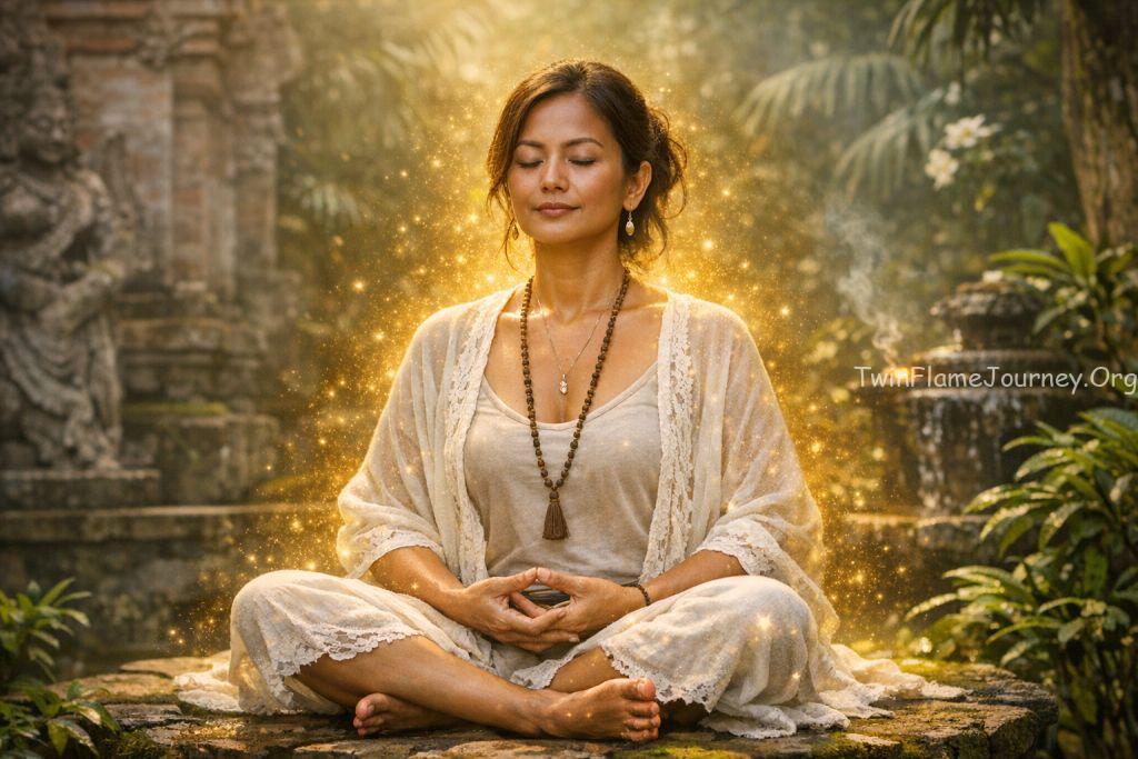 A 22-year-old Kerala girl practicing meditation in a serene temple courtyard or a lush green garden