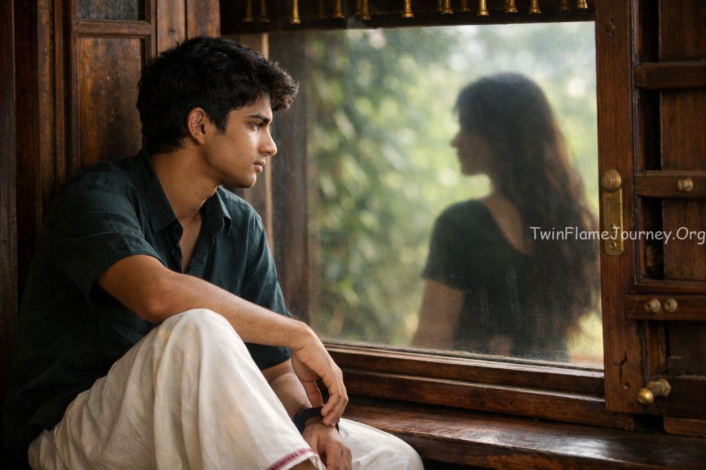 A young man from Kerala sitting by a traditional window