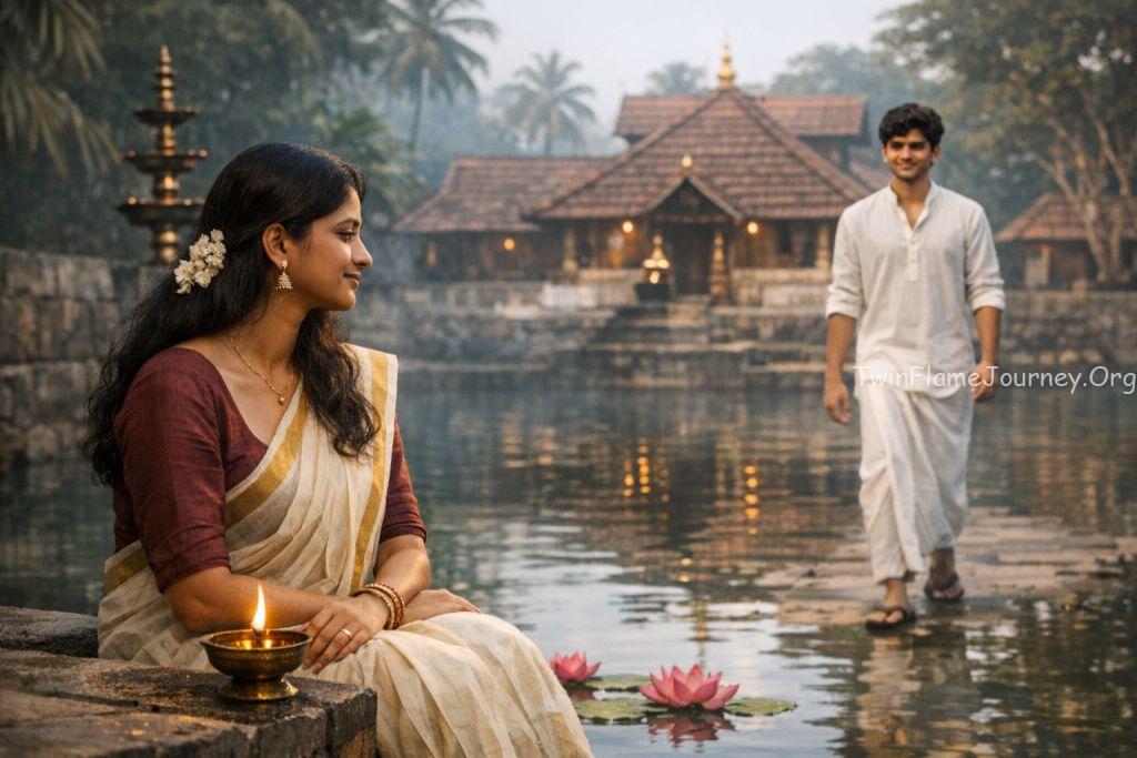 A young woman (22, Kerala features) sitting peacefully by a temple pond, and a young man approaching her from a distance, looking peaceful.