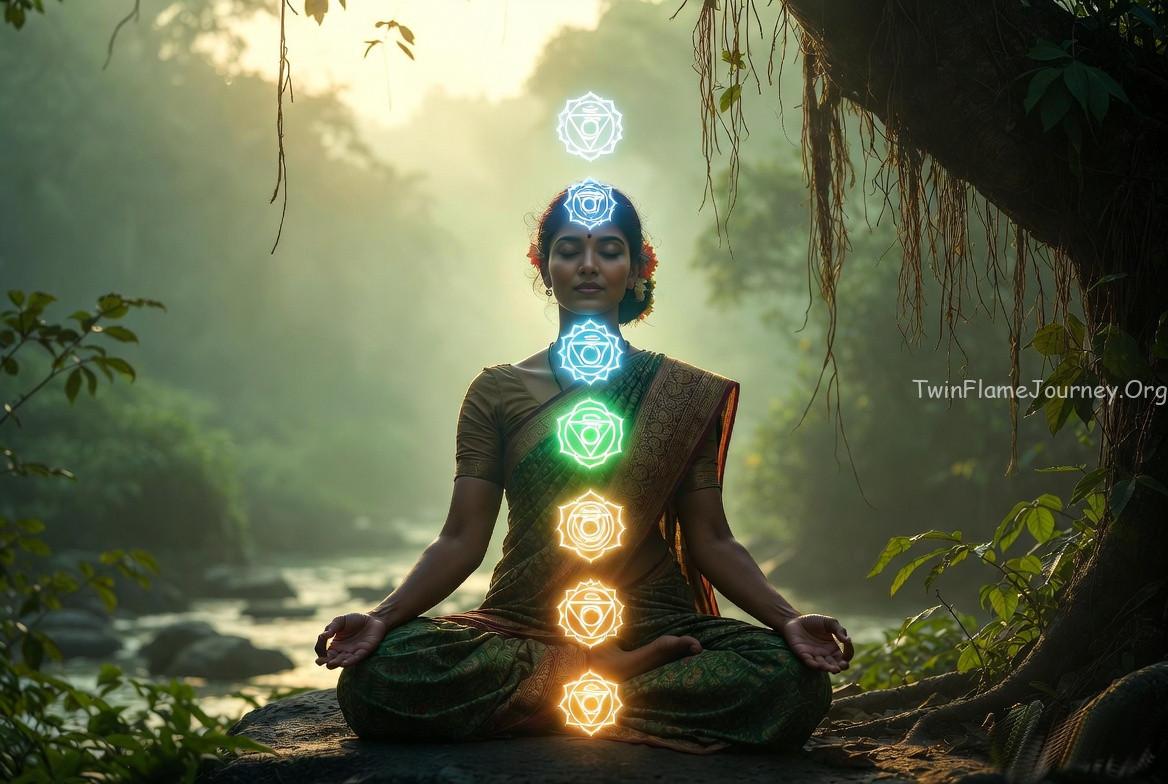 South Indian woman meditating for 7 chakras clearing.