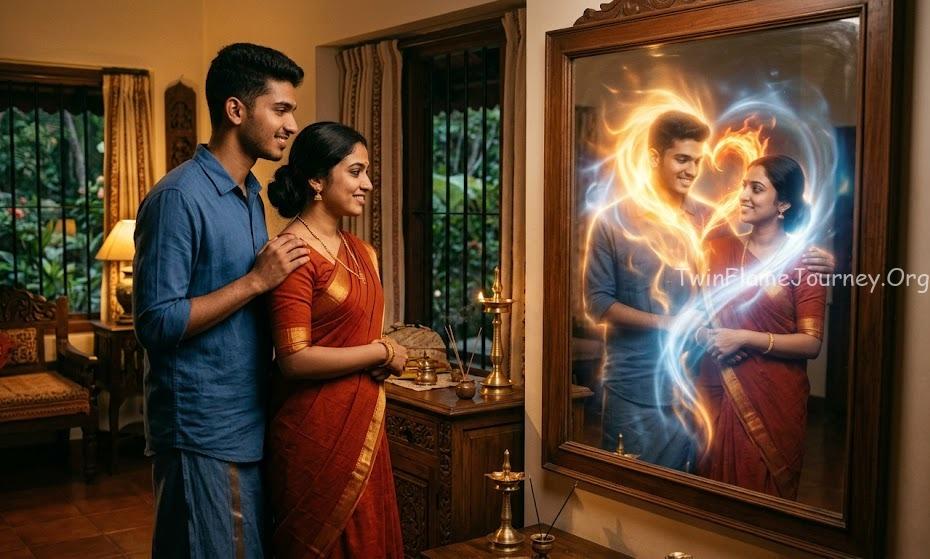 A young South Indian couple (Male age 19-female age 40 ) looking into a mirror. The reflection shows them glowing with light, representing the twin flame soul connection