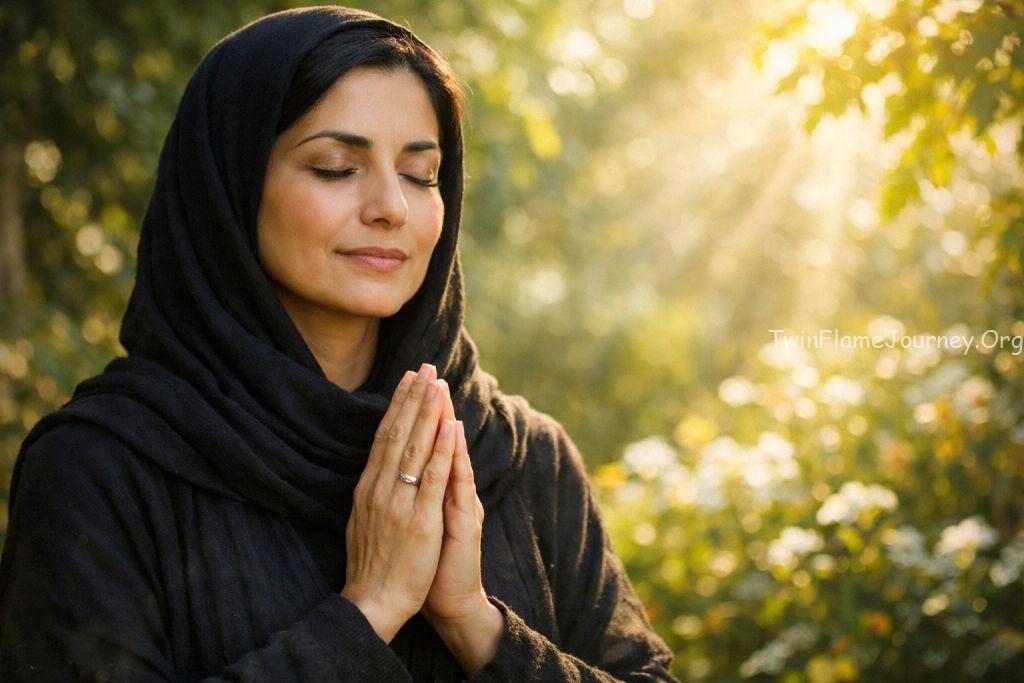 A mature Iranian woman (age 40) standing in a garden of light, eyes closed in prayer, radiating calm energy