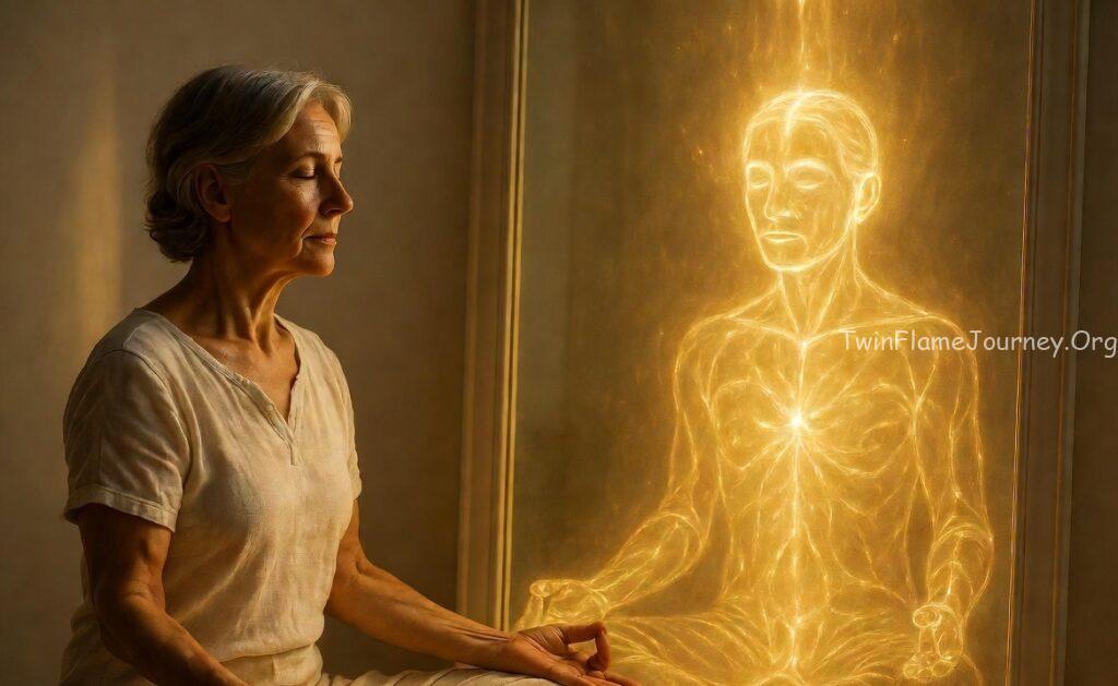 A serene figure meditating in front of a mirror, where the reflection shows a glowing soul instead of a physical body.
