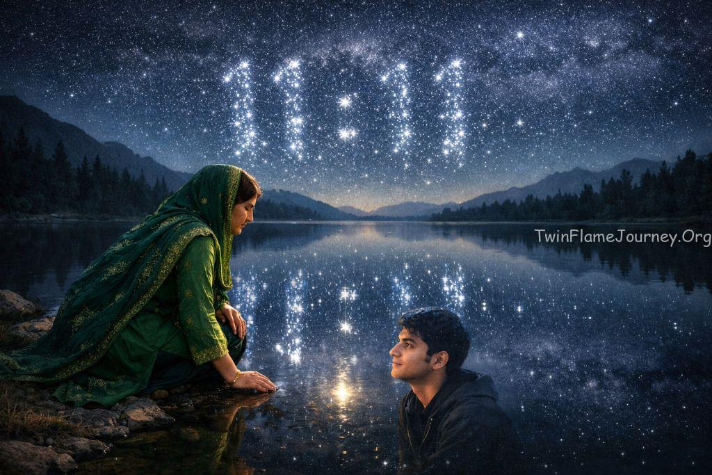 A conceptual art piece showing a digital clock display of 11:11