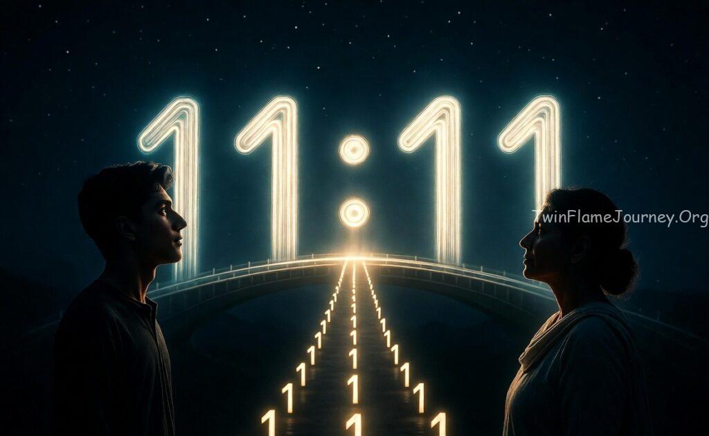 A wide-angle shot of a glowing bridge formed by the numbers 11:11