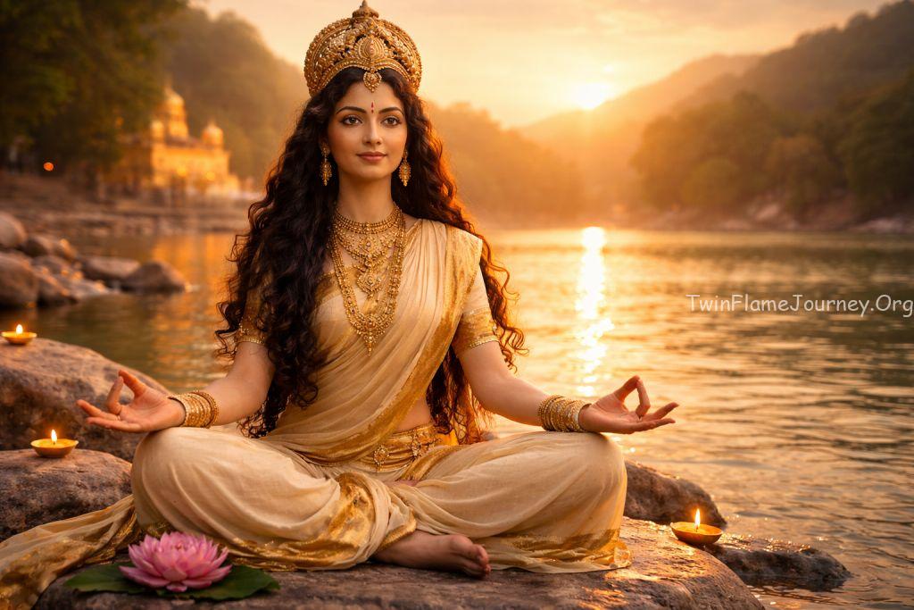 Parvathi Devi sitting peacefully by the Ganges at sunset, hands in a mudra
