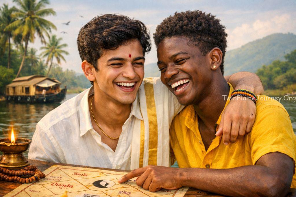 Two young South Indian individuals sharing a moment of joy, highlighting their strength and the beauty of human diversity. The background features a subtle Kerala landscape.