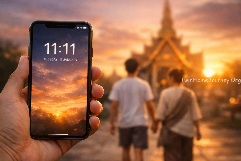 Smartphone showing 11:11 time during a spiritual journey in Thailand.