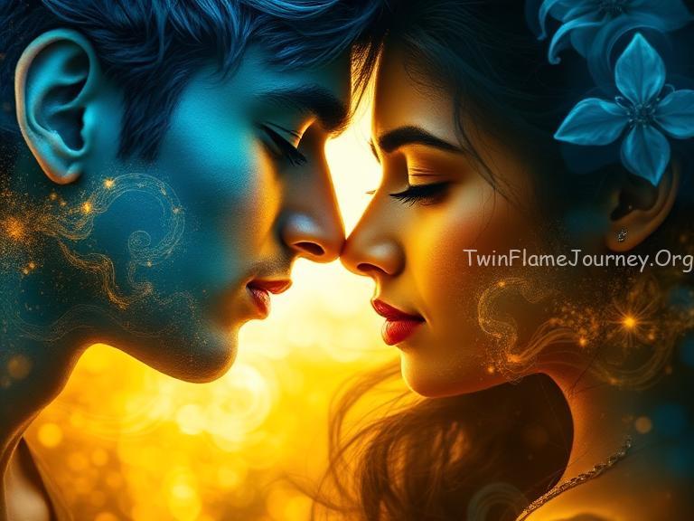 An abstract artistic representation of two energies (Blue and Gold) merging
