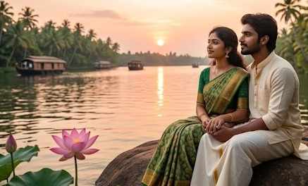 A young South Indian woman sitting peacefully by a backwater in Kerala