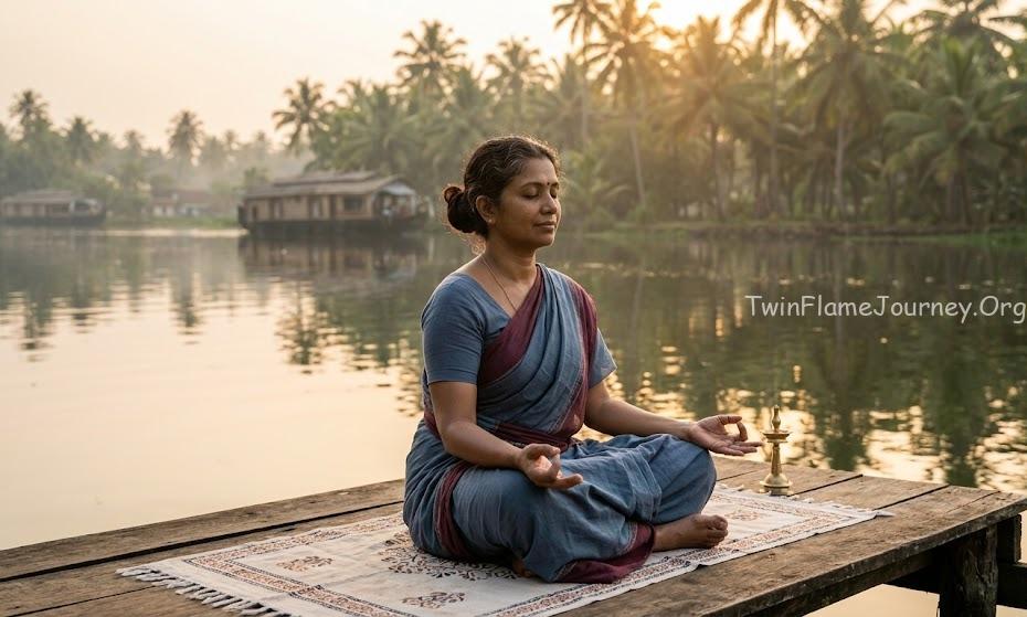 A young South Indian woman (age 40) sitting peacefully by a backwater in Kerala, meditating. Soft morning sunlight, calm expression.