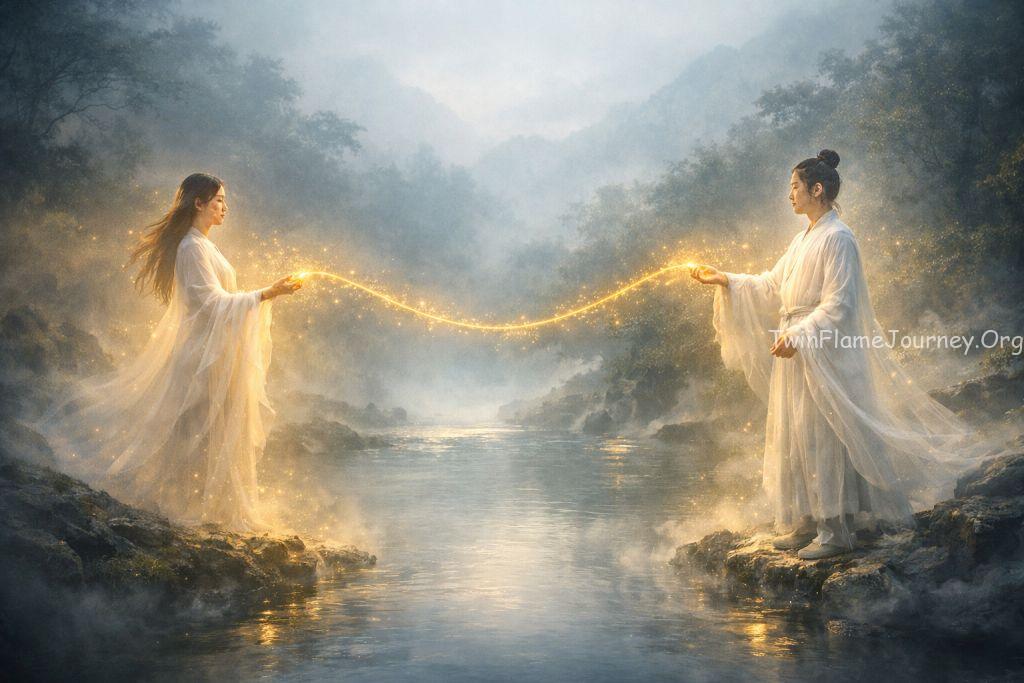 Two ethereal figures representing souls (Malayali features) standing on opposite sides of a misty river