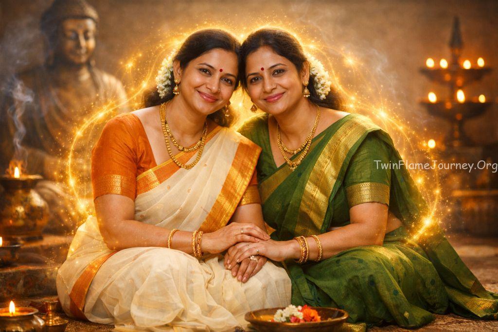 Two young South Indian women (aged 20-25) sitting together in a serene, spiritual setting. They have traditional attire, with subtle glowing light surrounding them to symbolize their interconnected souls.