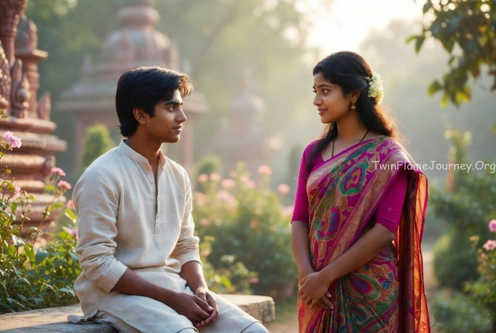 A young North Indian male student and an older Indian woman in a spiritual garden setting reflecting peace.