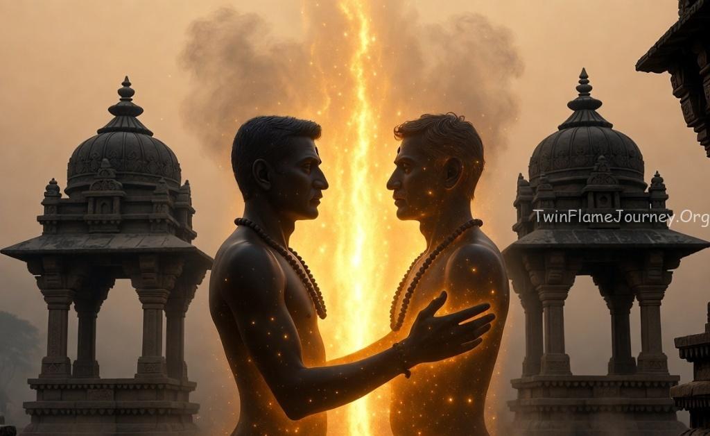 Symbolic soul union of same-gender energies with UP temple backdrop.