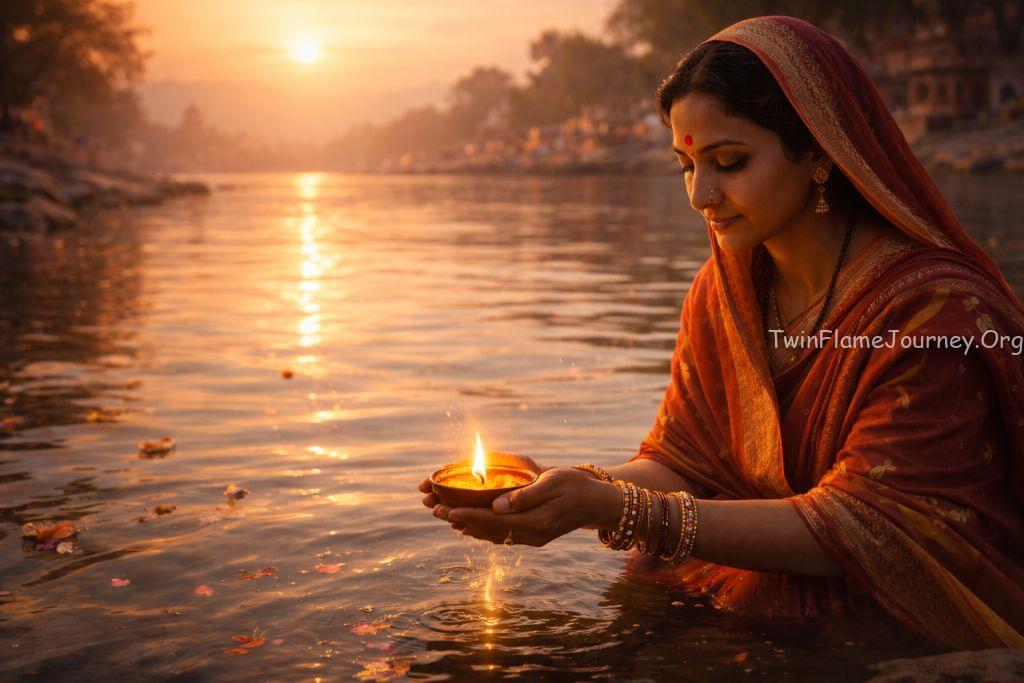 Mature Hindu woman from Uttar Pradesh performing a spiritual ritual.