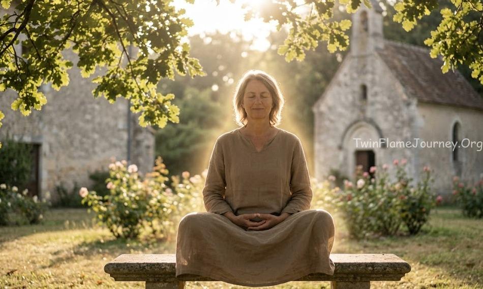 An ols woman sitting eyes closed in meditation