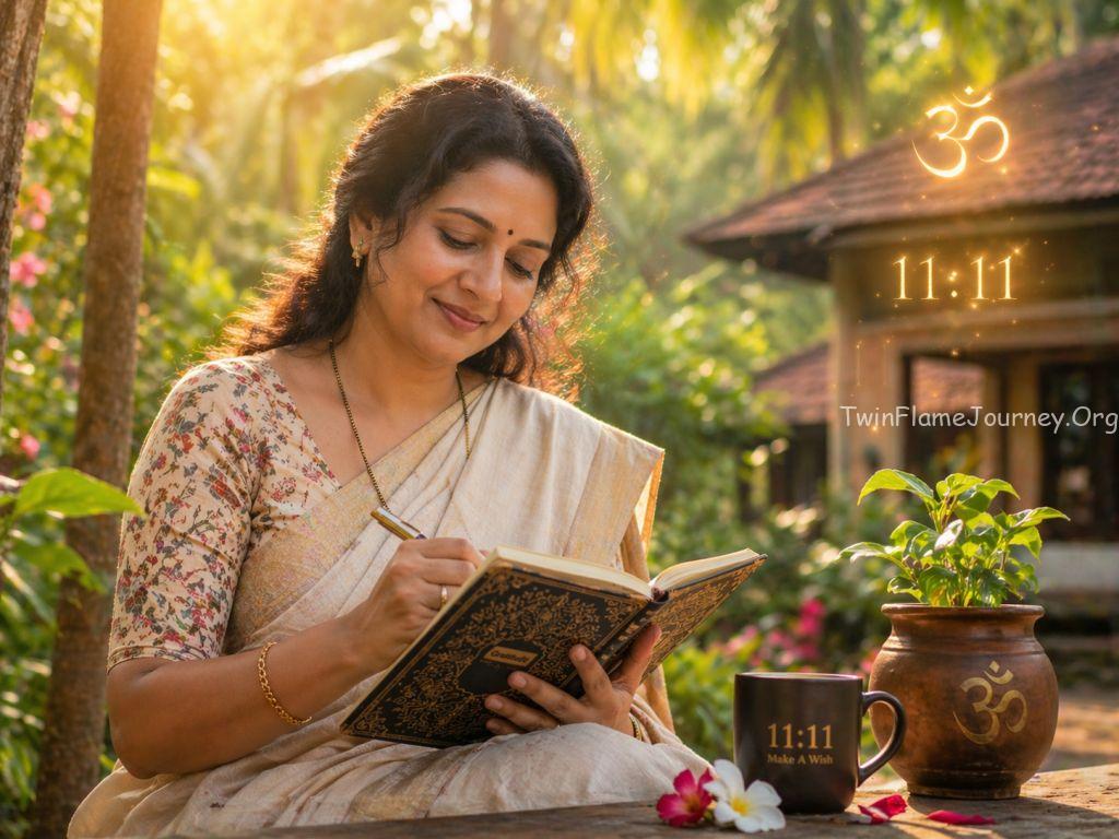 A Hindu woman from Maharashtra writing in a spiritual journal with 11:11 glowing in the background.