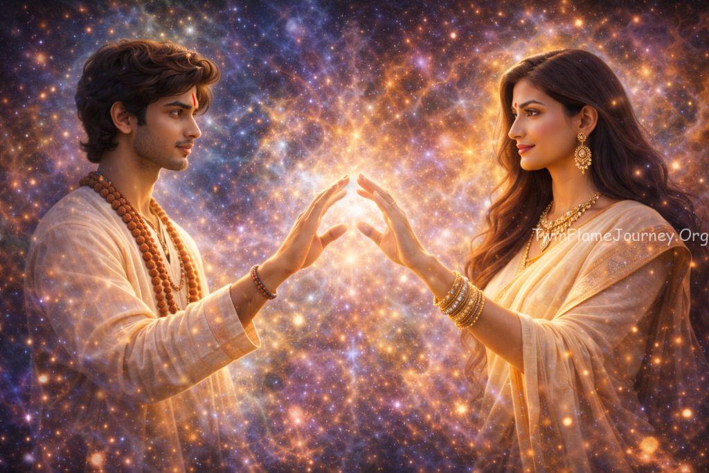 Hindu Pakistani couple, male aged 19 and female aged 40, sitting in meditation with a glowing silver cord connecting their hearts.