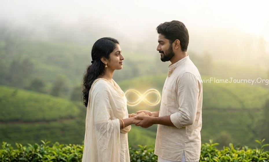 South Indian twin flame couple united in Munnar tea gardens, holding an infinity symbol.
