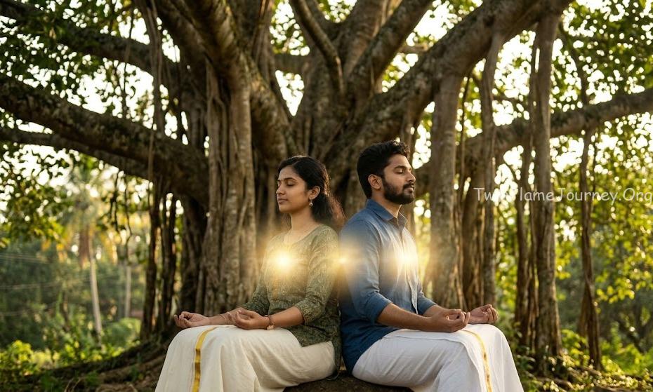 South Indian woman practicing the mirror exercise, seeing her divine reflection.
