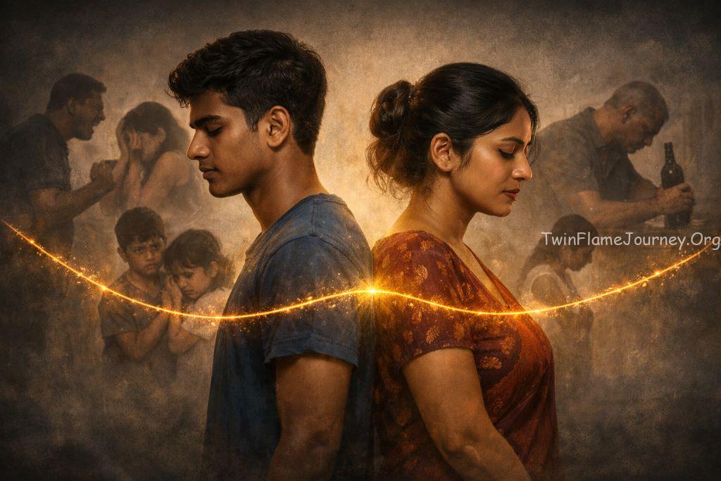 An artistic representation of the Twin Flame bond transcending childhood trauma and karmic cycles.