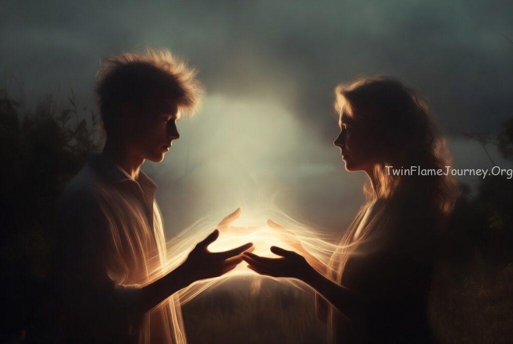 A symbolic representation of two souls connecting through light energy, representing a Twin Flame union