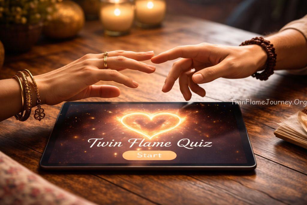 A close-up of two hands reaching toward each other across a digital tablet displaying a "Twin Flame Quiz.
