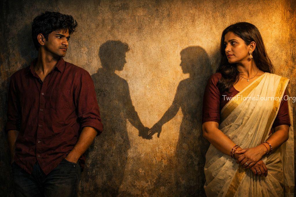 A young couple (age 20-22, Kerala traditional/modern mix) standing apart but their shadows are reaching out to touch each other.