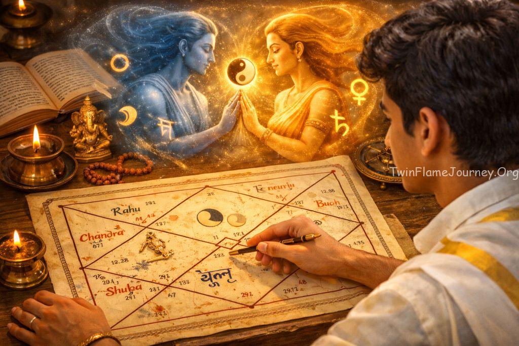 A close-up of a Vedic Astrology chart (Kundli) being studied by a young South Indian person, with an artistic overlay of twin figures representing duality and unity.