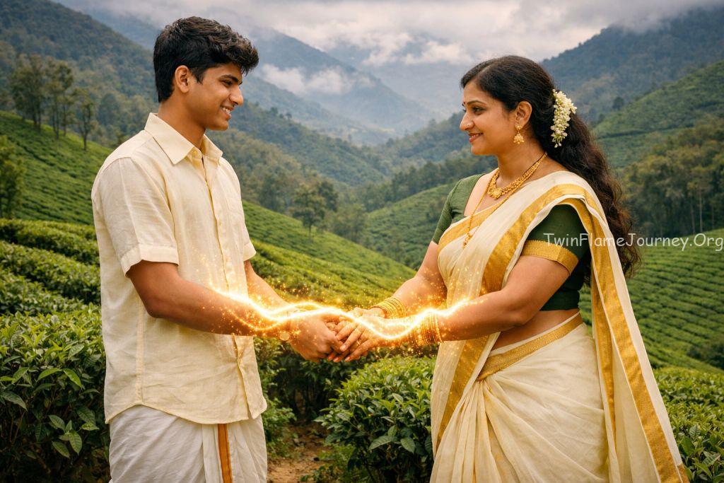 Twin flame soul connection in a natural Kerala landscape.