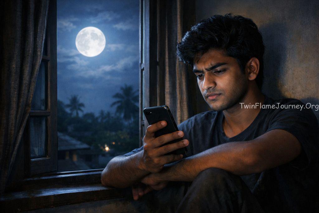 A young man (21, Kerala features) sitting by a window at night, looking at his phone with a conflicted expression. The moon glows outside.