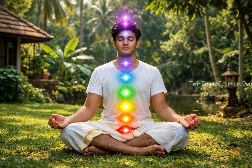 A visualization of chakra energy centers on a young practitioner from Kerala.