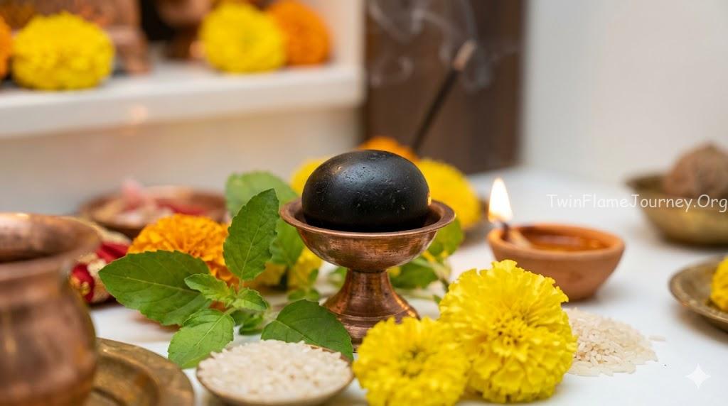 Detailed close-up of a sacred Salagrama shila placed on a copper altar, adorned with Tulsi leaves and flowers for daily Hindu puja (worship).