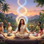 spiritual connection of the Twin Flame, centered around a family in a serene, tropical setting