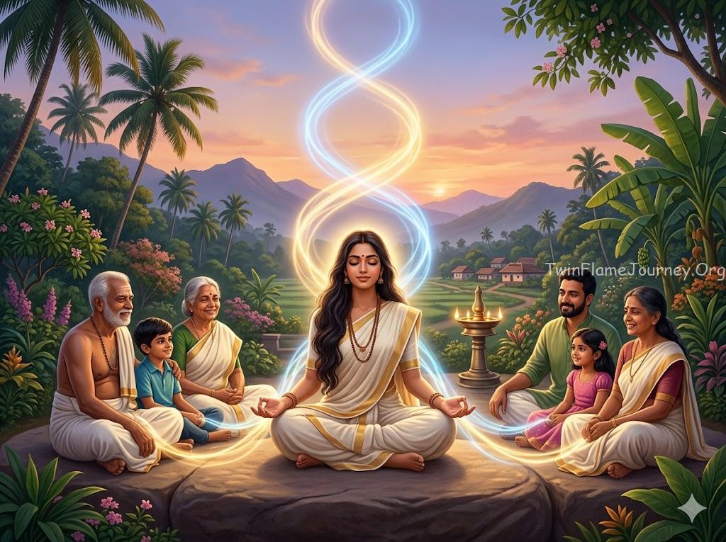 spiritual connection of the Twin Flame, centered around a family in a serene, tropical setting