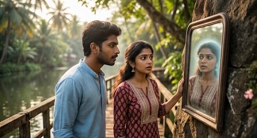 A young South Indian couple (Male age 19-female age 40 ) looking into a mirror. The reflection shows them glowing with light, representing the twin flame soul connections